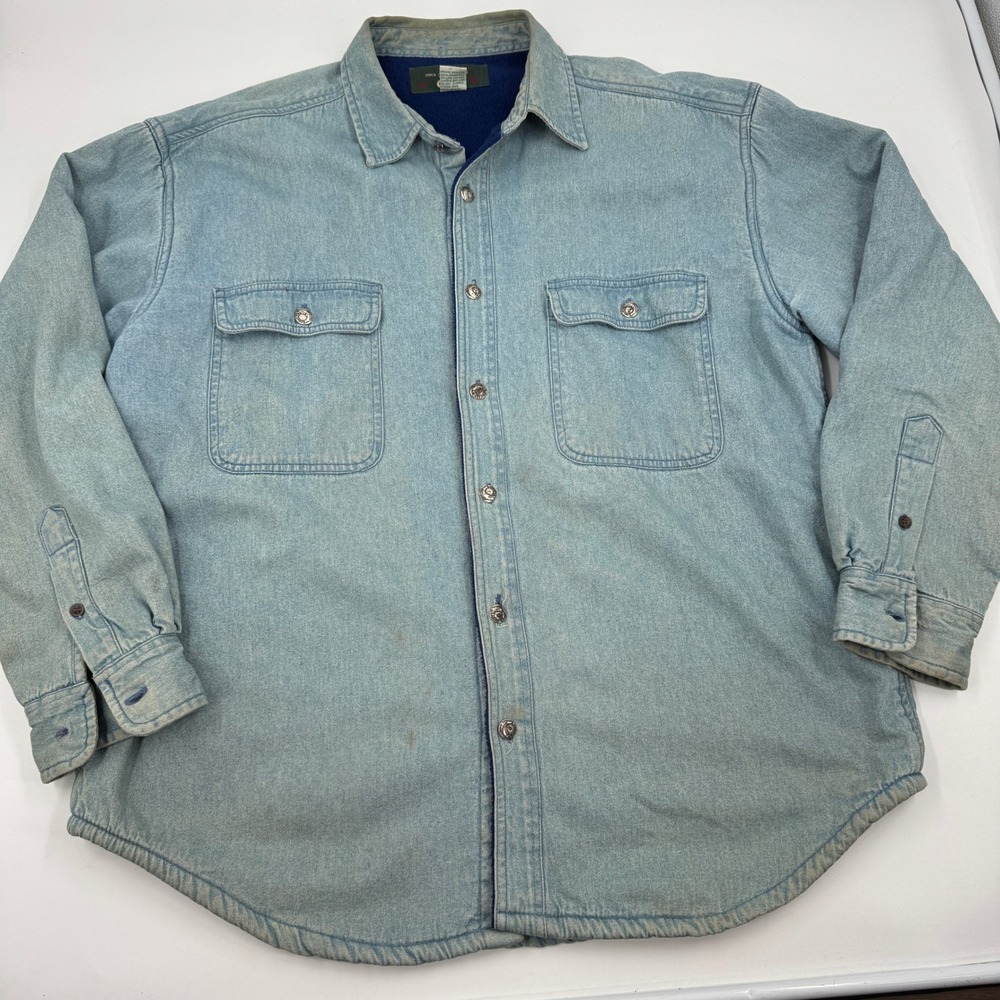 Vintage Orvis Fleece Lined Denim Shirt Jacket Mens Large Light Wash Blue Shacket